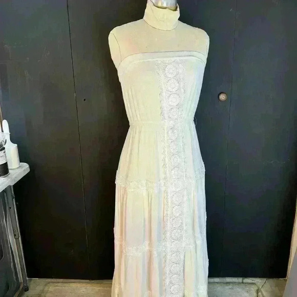 Justily Maxi Dress Women Size M White Lined Vacation Island Beach Swim Strapless - Picture 1 of 14